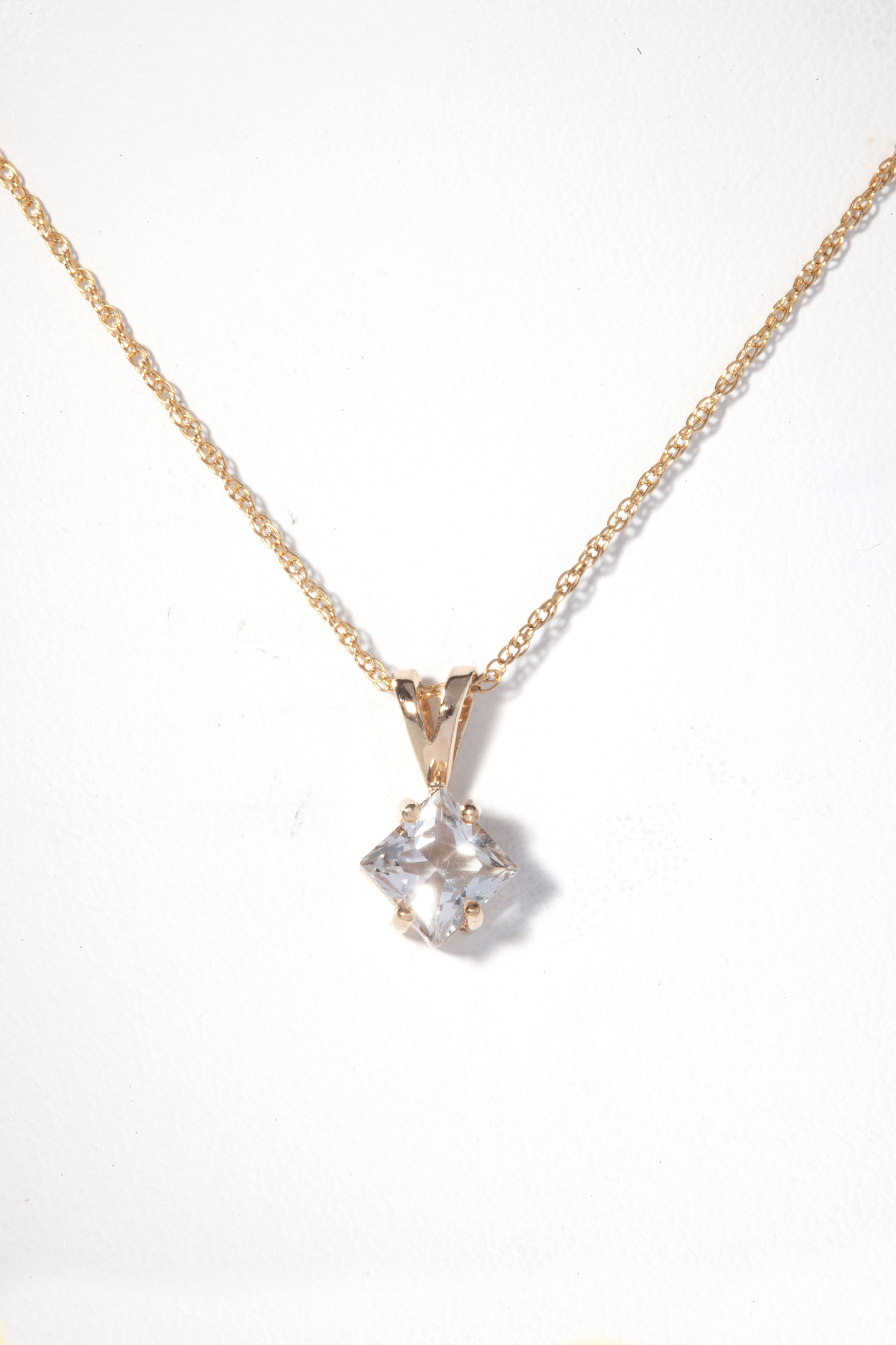 7mm x 7mm Princess Cut Gold Plated Sterling Silver Pendant Clear Quartz