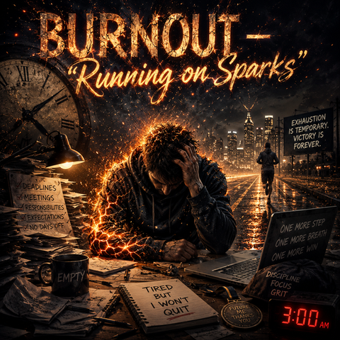 A gritty, high‑energy burnout anthem about pushing past exhaustion and turning pressure into fuel. Hard rap intensity, industrial edge, and the fire that keeps burning even when you’re running on sparks.
