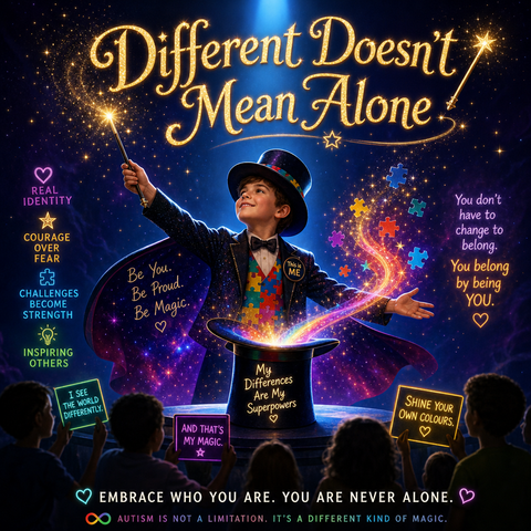 Different Doesn’t Mean Alone is a heartfelt empowerment song from an autistic magician who refuses to hide who he is. It celebrates real identity over pretending, turning personal challenges into courage and inspiration. The anthem encourages autistic kids to embrace their true selves, shine their own colours, and never feel pressured to act like someone else.