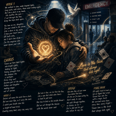 A powerful rap blending magic and emotion, “Emergency Room Magic Performance Rap” follows a father and daughter through long ER nights, turning fear into strength. Hospital tension meets stage‑magic imagery as they push through pain, support each other, and transform hardship into hope. Love becomes the ultimate trick that carries them through.
