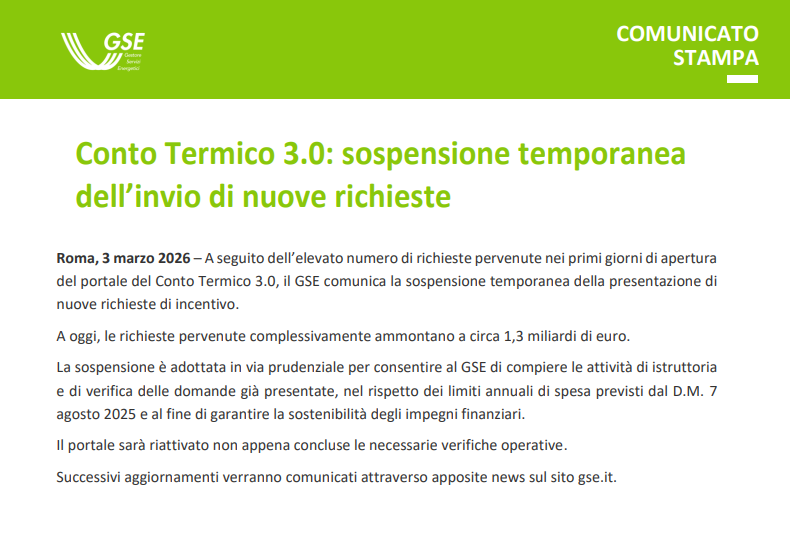 Conto Termico 3.0: sospensione temporanea dell’invio di nuove richieste