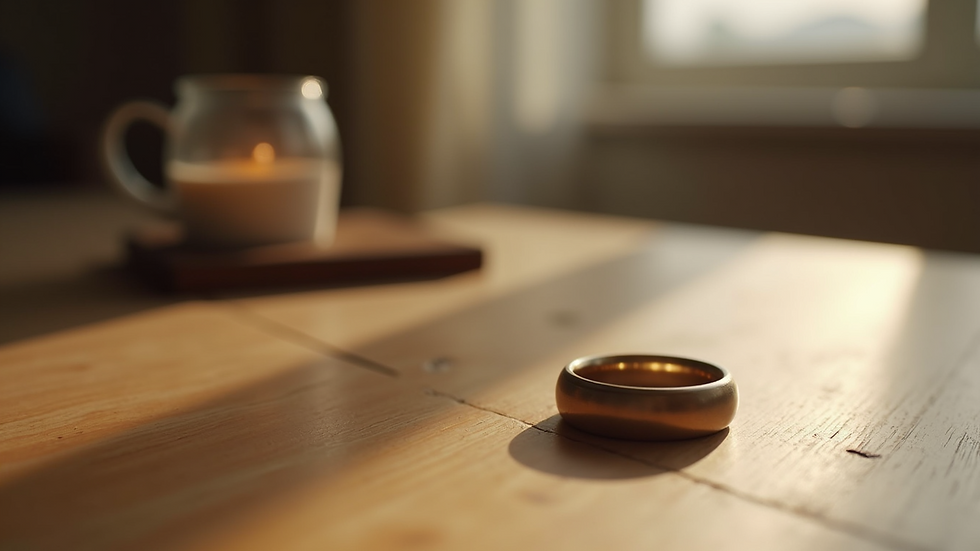Close-up view of a wedding ring on a simple wooden table