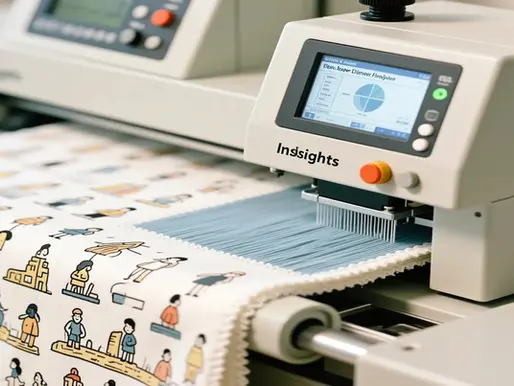 textile printing machine in operation, printing a patterned fabric featuring cartoon-style illustrations of people. The machine includes a digital interface displaying a chart titled "Insights" and a section labeled "Bias Over Diverse Populations," suggesting integration of data analytics into the textile design process.
