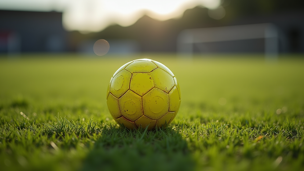 Close-up view of a yellow training ball on a grass field
