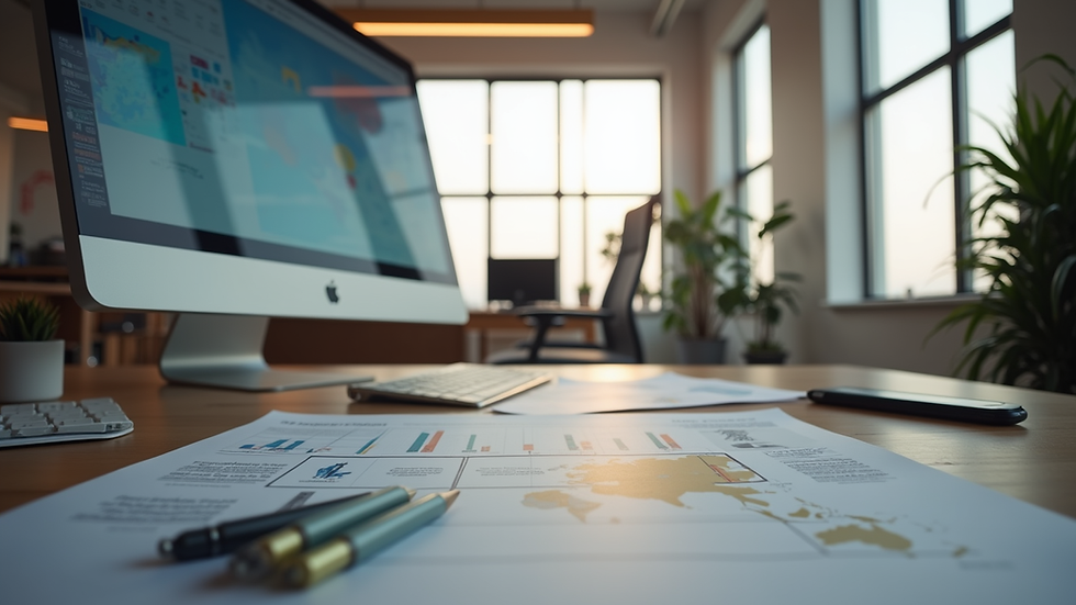 Eye-level view of a modern office workspace with graphic design tools
