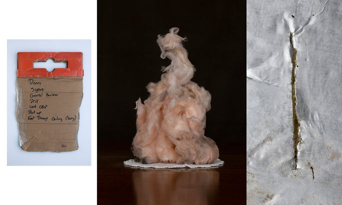 Selection of building materials and workers quotes to form a triptych photographic image containing textures, words and still life creations