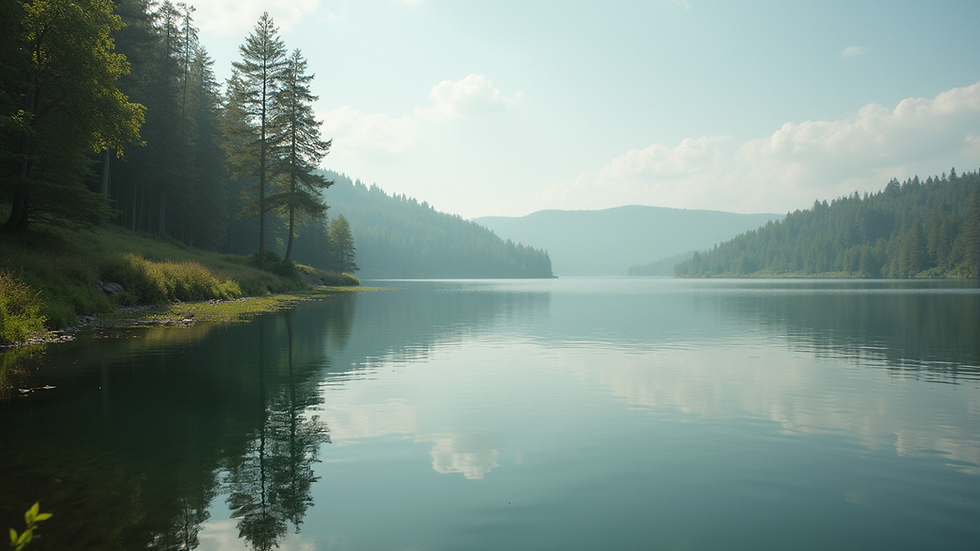 Close-up view of a serene nature scene with a calm lake and trees