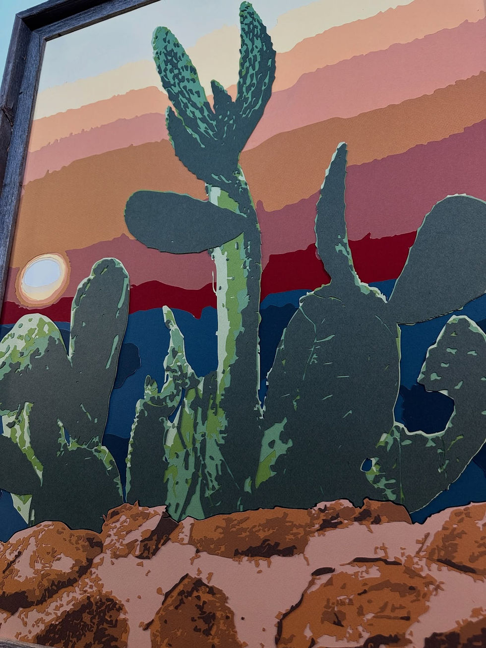 a painting of a cactus with a sunset in the background