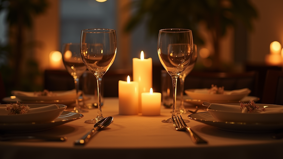 Eye-level view of a candlelit dinner table set for two with elegant tableware