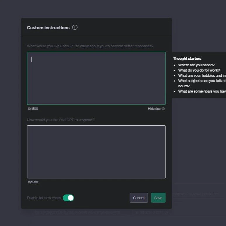 Custom instructions for Chat GPT
