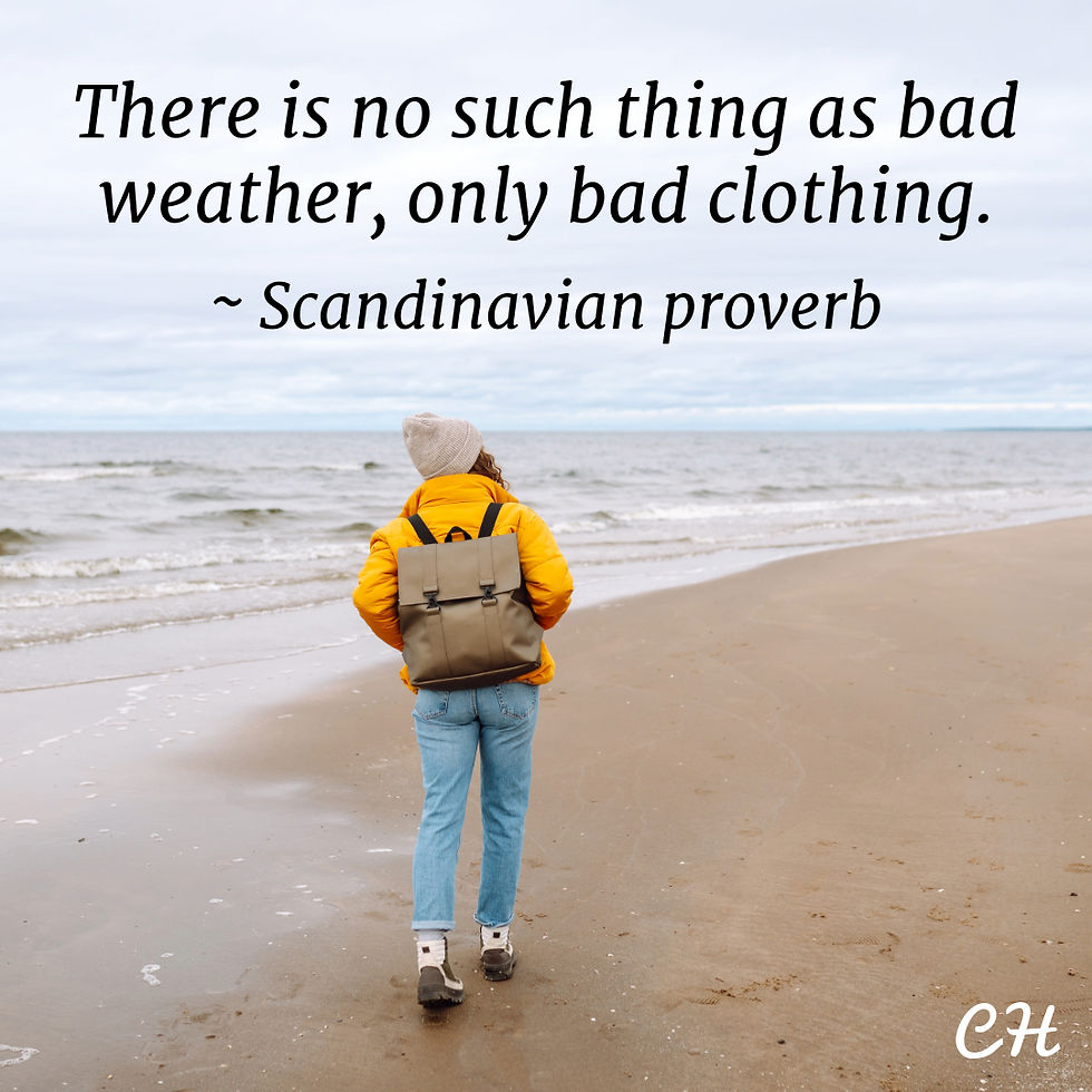 Woman walk on the beach in winter clothes and accessories to keep warm in the cold climate, with a Scandinavian proverb stating, "There is no such thing as bad weather, only bad clothing," written in the sky
