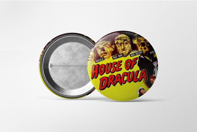 Thumbnail: pin badge with House Of Dracula vintage horror movie design