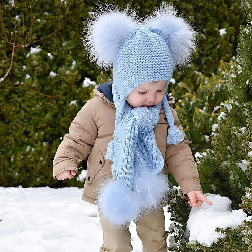Jaxmonoy Kids Winter Hat and Scarf Set Children's Warm Knit Beanie Real Raccoon