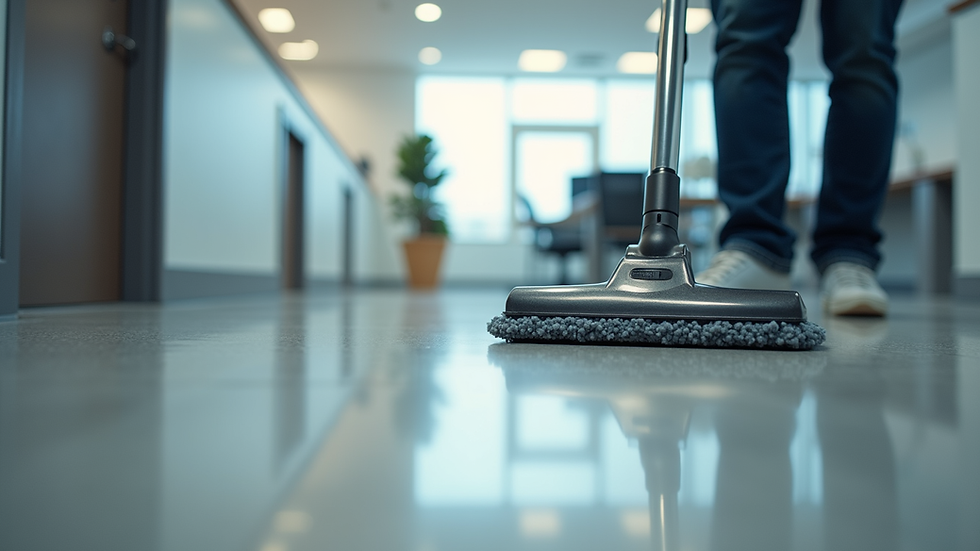 Eye-level view of a professional cleaner vacuuming a modern office floor