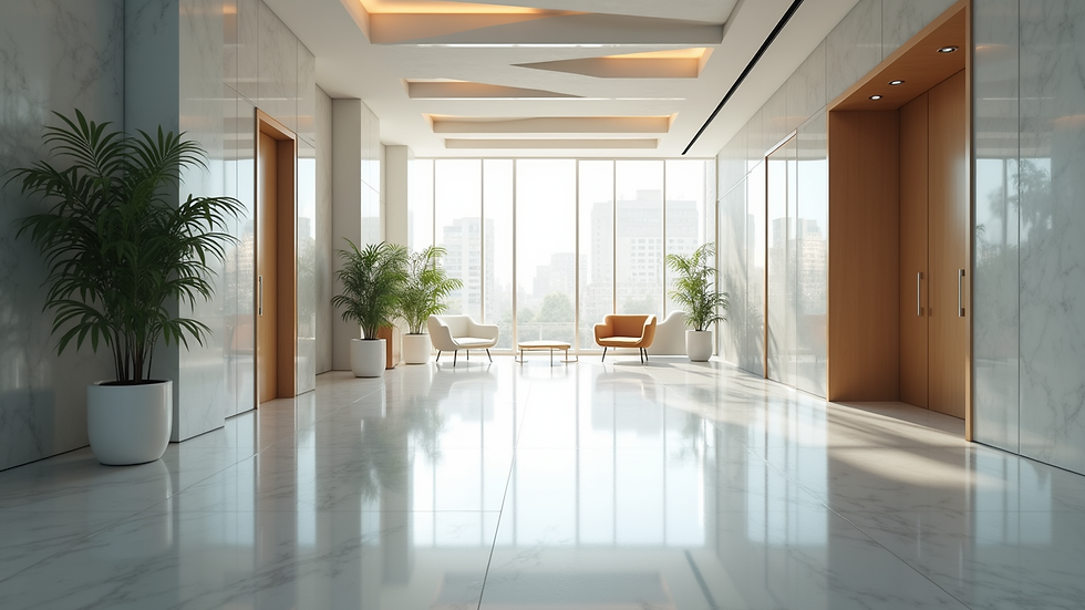Wide angle view of a clean and bright office lobby with polished floors
