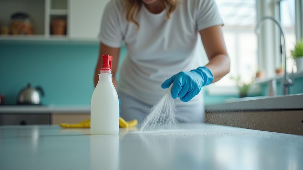 Eye-level view of a professional cleaner disinfecting an office kitchen countertop
