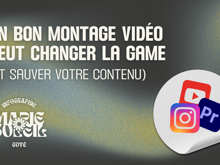 Bannière promotionnelle de services de montage vidéo. Texte : "Un bon montage vidéo peut changer la game (et sauver votre contenu)". Logos de YouTube, Instagram et Adobe Premiere sur un autocollant arrondi, fond texturé aux teintes gris, jaune et bleu. Logo de Marie-Soleil Côté – Infographie au bas de l’image.