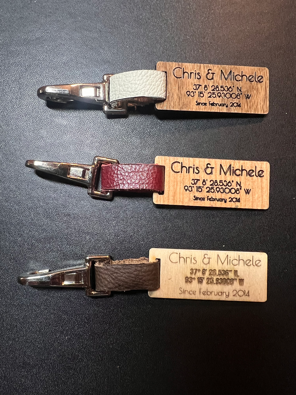 Housewarming gift custom keychain made from wood leather and metal clip