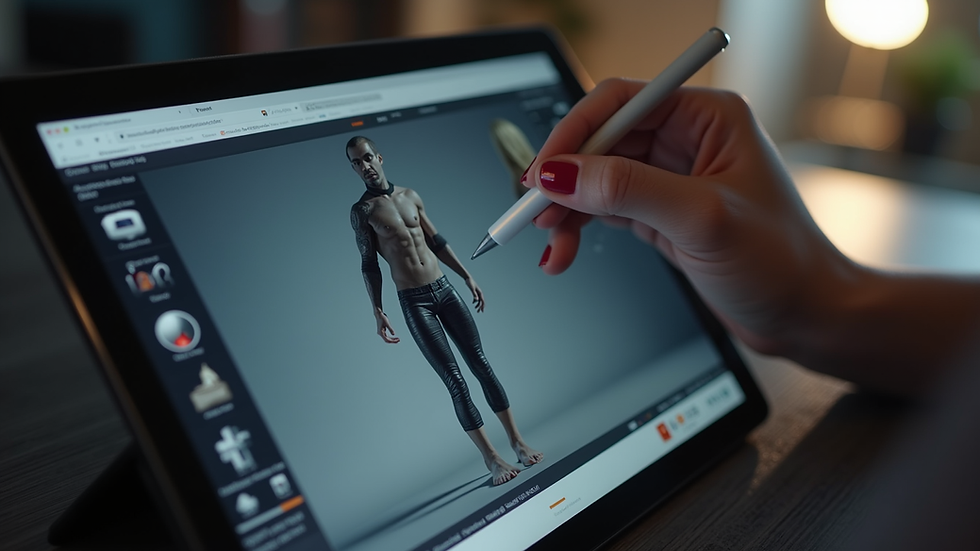 Close-up view of a digital tablet displaying a 3D character rigging process