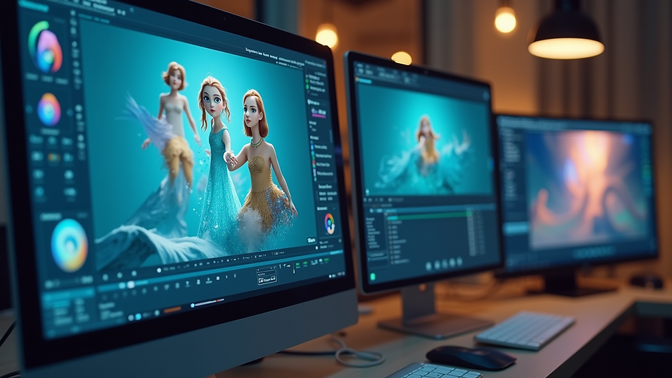 Eye-level view of a computer screen showing 3D animation software interface