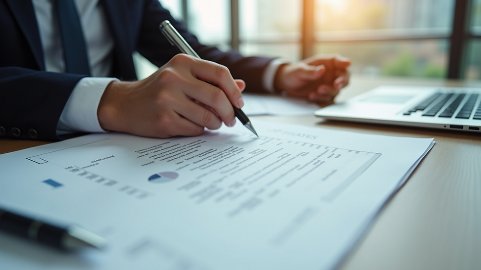 Eye-level view of a tax preparer reviewing documents at a desk