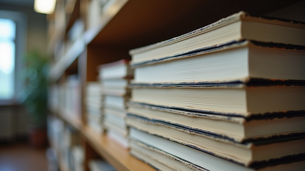 Eye-level view of a stack of accounting books on a shelf
