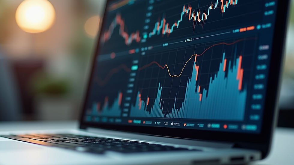 Eye-level view of a laptop displaying financial graphs and charts