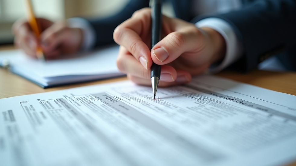 Eye-level view of a person reviewing tax forms with a pen