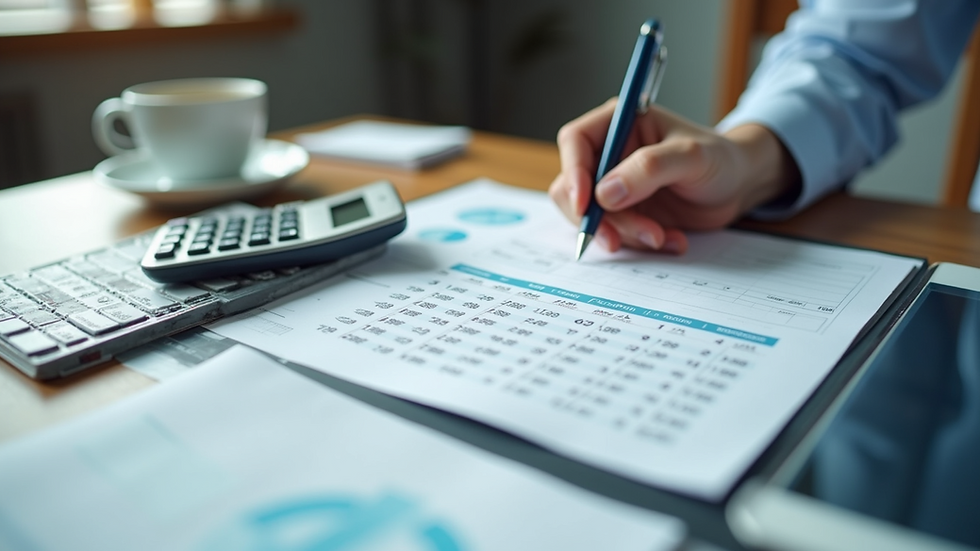 High angle view of financial documents and calculator on a desk