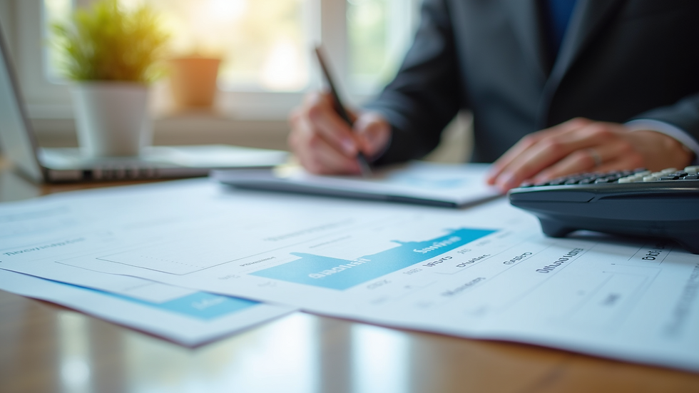 Close-up view of financial documents and calculator on a desk