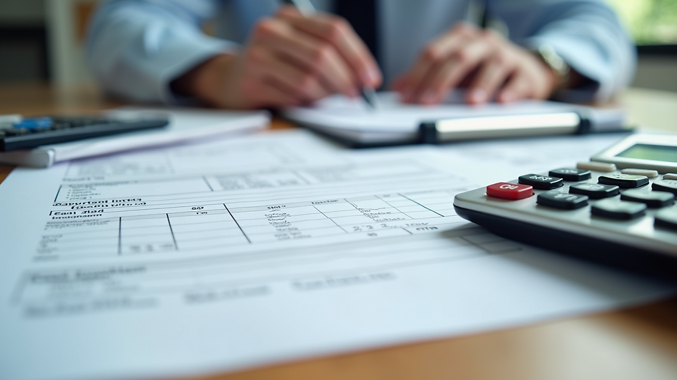 Close-up view of organized tax documents and calculator on a table