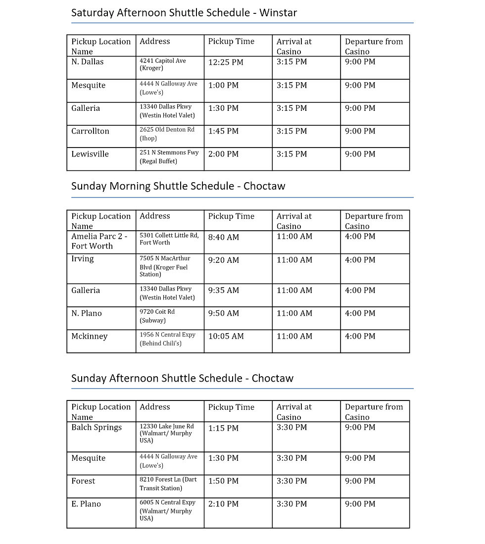 Casino Rides of Dallas | Casino Shuttle Schedule