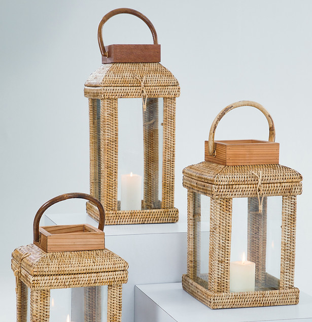 rattan lantern with leather handle, handwoven in Myanmar, designed by Classic Home