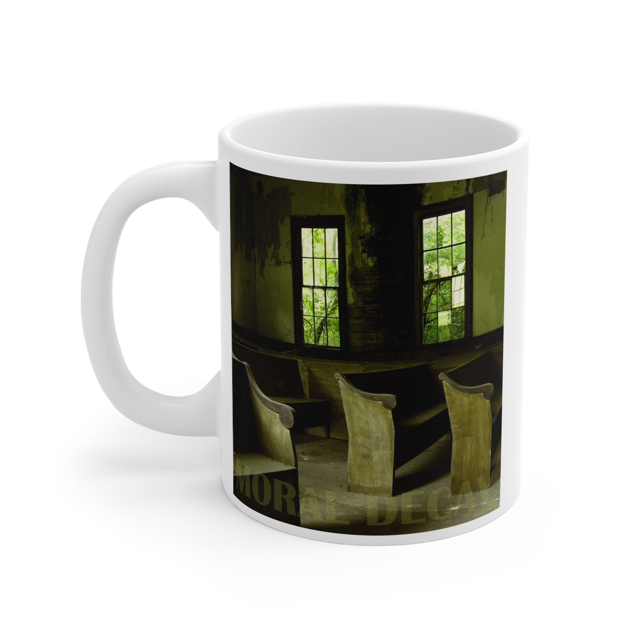Moral Decay Coffee Mug - Abandoned Church Art, Reflection of Changing Times