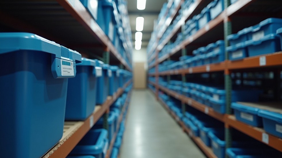 Eye-level view of neatly arranged storage bins on shelves