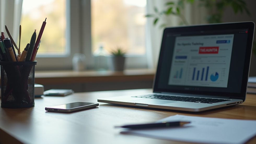 Close-up view of a desk with organizational tools and a laptop showing a training session