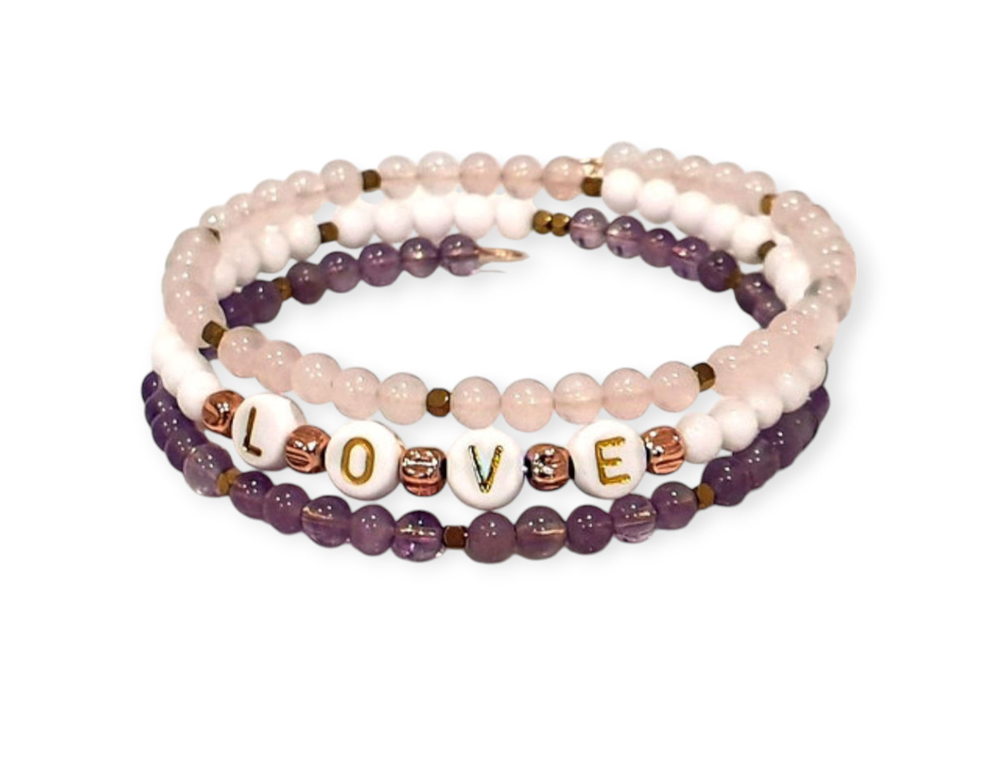 Bracelet Multi-tours "Love" - Quartz Rose, Jaspe blanc et Améthyste