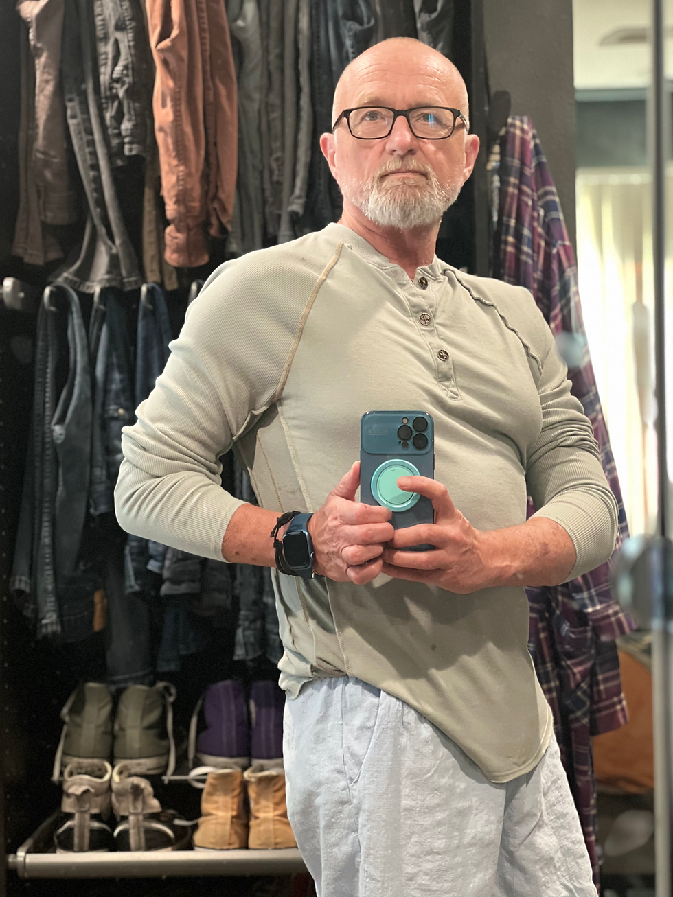 Site owner James Brooks wearing One Golden Thread's Long Sleeve Henley