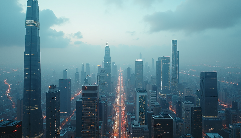 Dystopian city skyline.