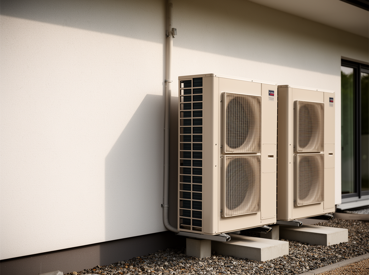 Wärmepumpe an einem sanierten Wohnhaus, Förderung der energetischen Sanierung