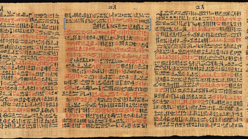 Side 78 av Papyrus Ebers. Gammelegyptisk tekst skrevet med hieratisk skrift.