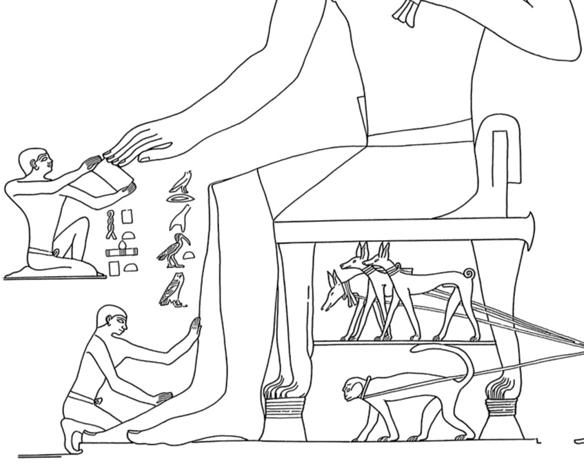 Illustrasjon av en kjempe som får fotbehandling, fra graven til Ptahhotep (ca. 2400 fvt.)