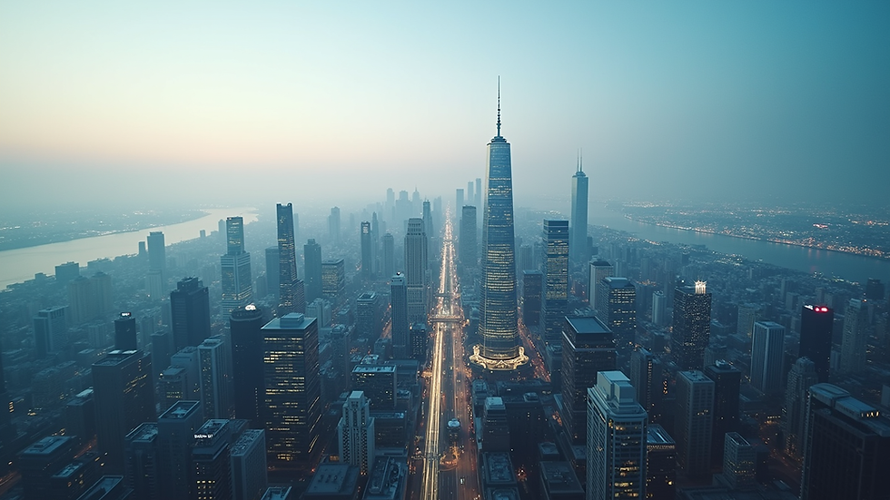 High angle view of a modern city skyline with digital data overlay