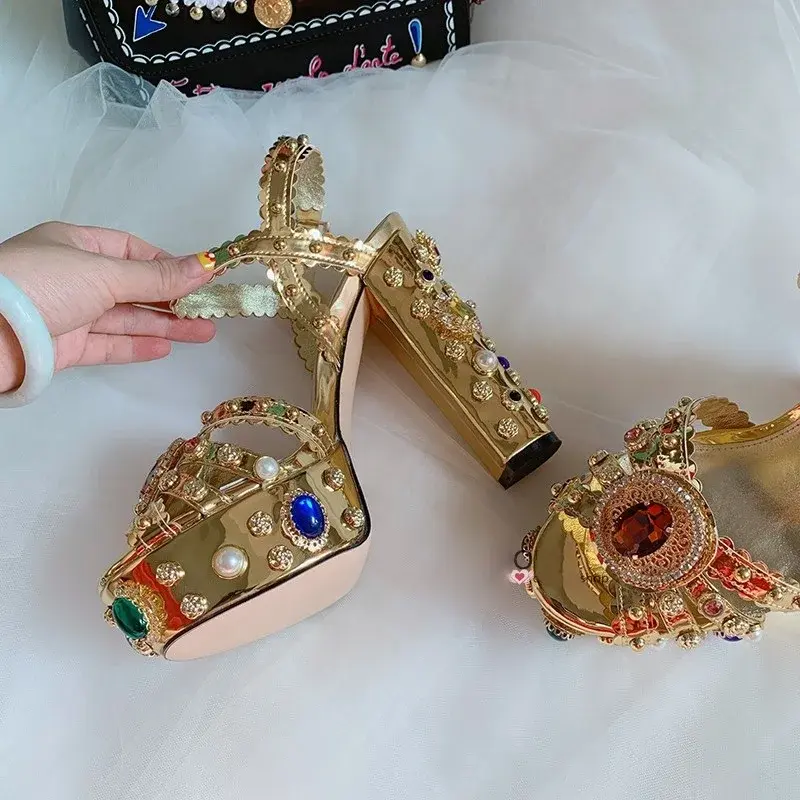 Thumbnail: Urban Bloom - Luxury Gold Metallic Leather Heels High Platform