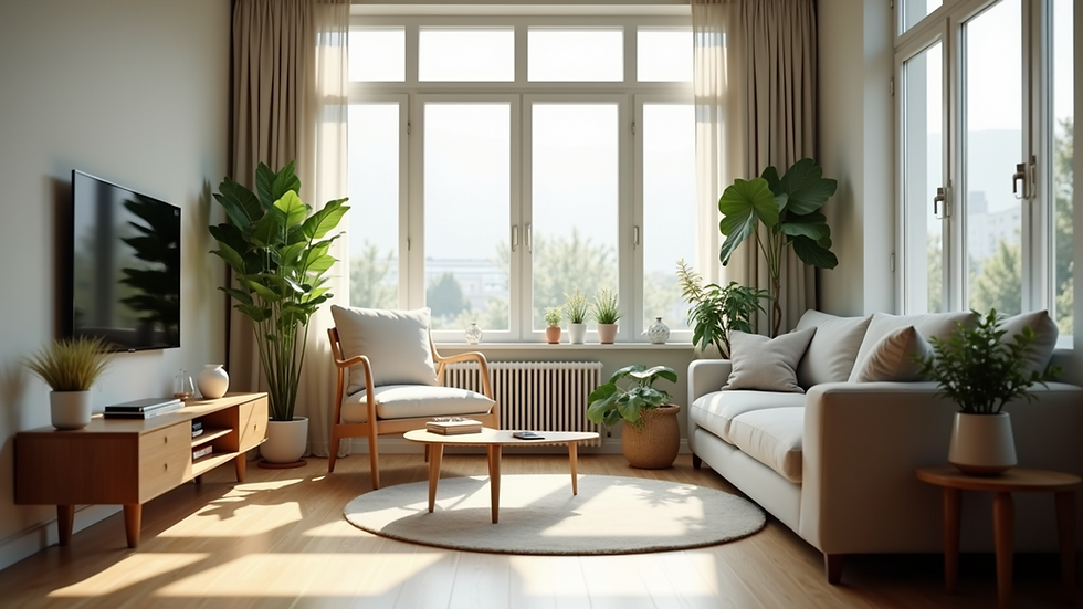 Eye-level view of a bright living room with large windows and indoor plants