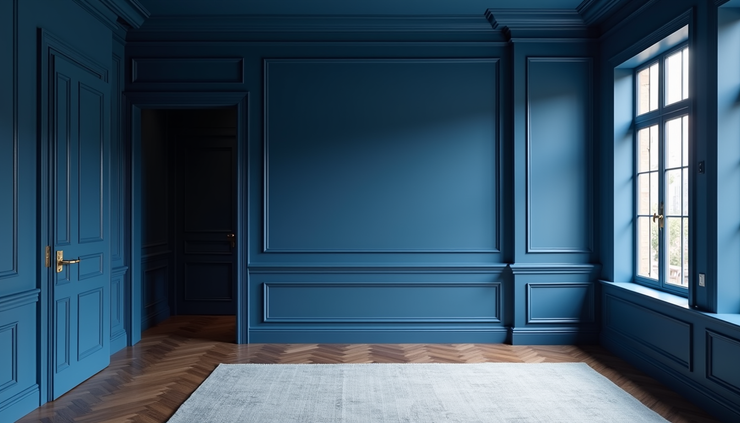 Eye-level view of a living room fully painted in deep navy blue with matching ceiling and trim