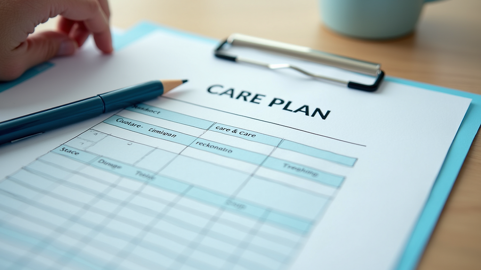Close-up view of a care plan document on a table