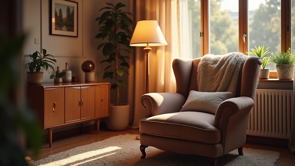 Eye-level view of a cozy living room with a comfortable armchair