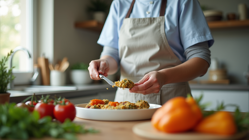 Close-up view of a care worker preparing a meal in a home kitchen