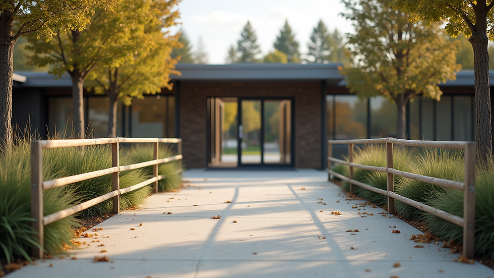 Eye-level view of a community centre entrance with accessible ramps